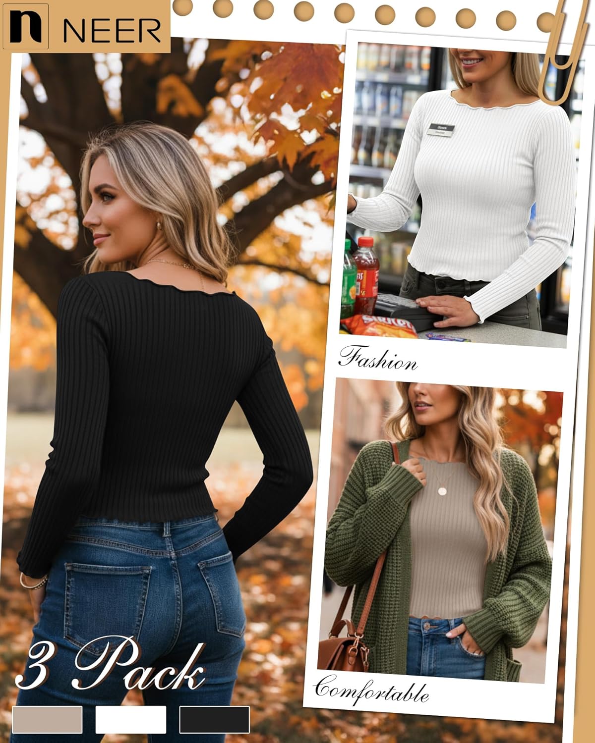 Neer 3 Pack Women's Crop Tops Long Sleeve Cotton Boat Neck Shirts Lettuce Trim Ribbed Slim Fit Casual Basic Tees(Black, White, Khaki,Large) - Image 2