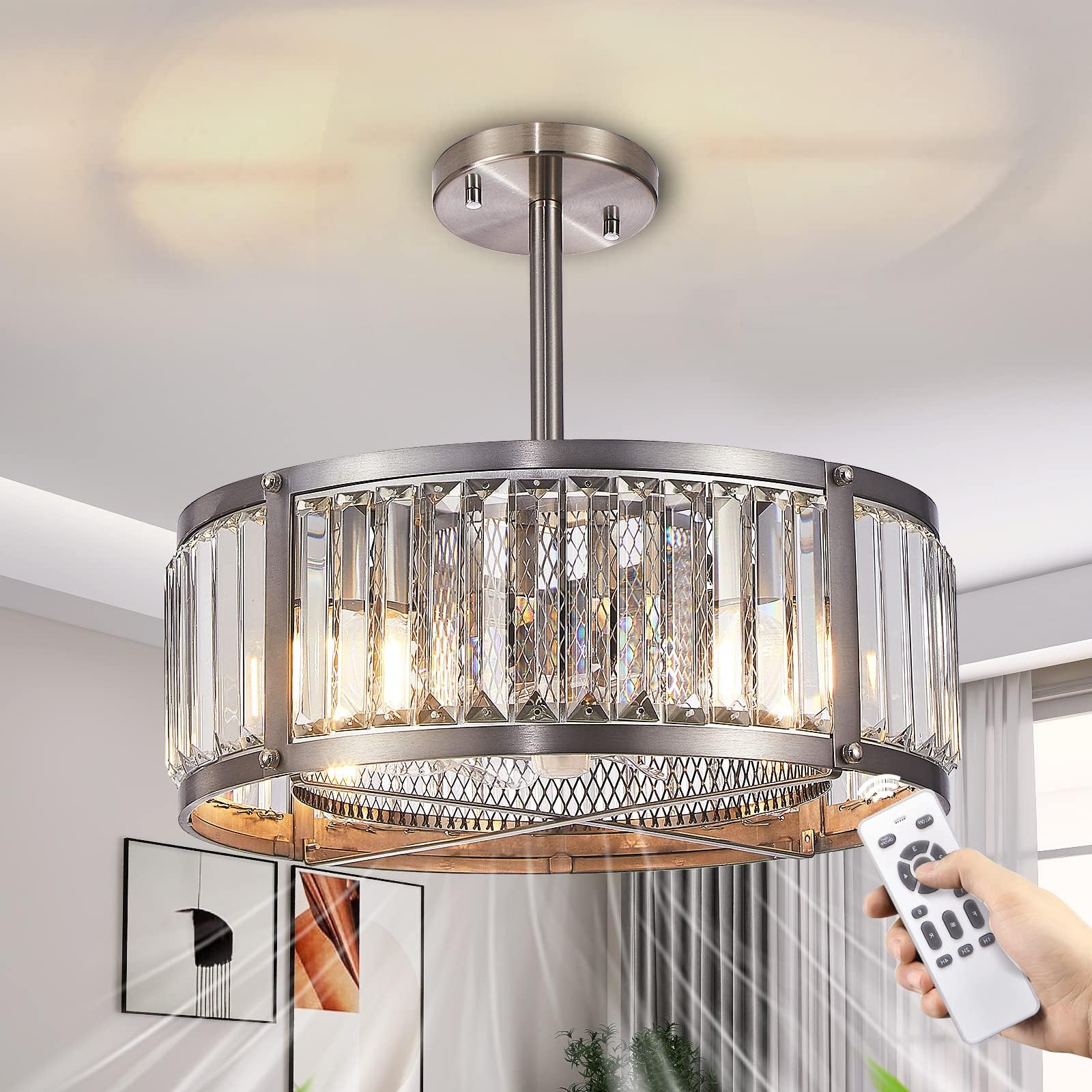Crystal Ceiling Fans with Lights and Remote Control, Cage Ceiling Fan Adjustable Height, Modern Chandelier Ceiling Fan for Bedroom Kitchen(Brushed Nickel)