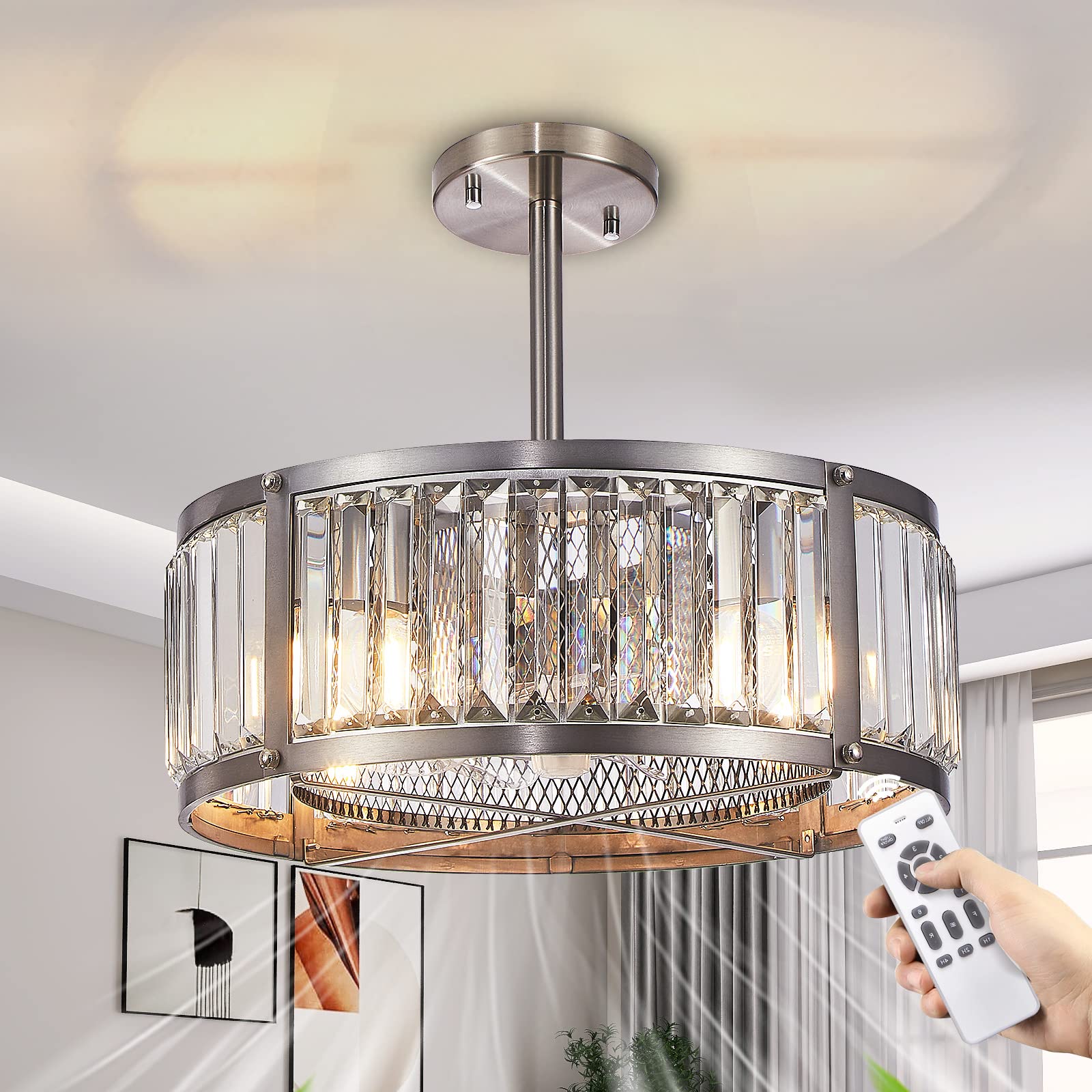 Crystal Ceiling Fans with Lights and Remote Control, Cage Ceiling Fan Adjustable Height, Modern Chandelier Ceiling Fan for Bedroom Kitchen(Brushed Nickel)