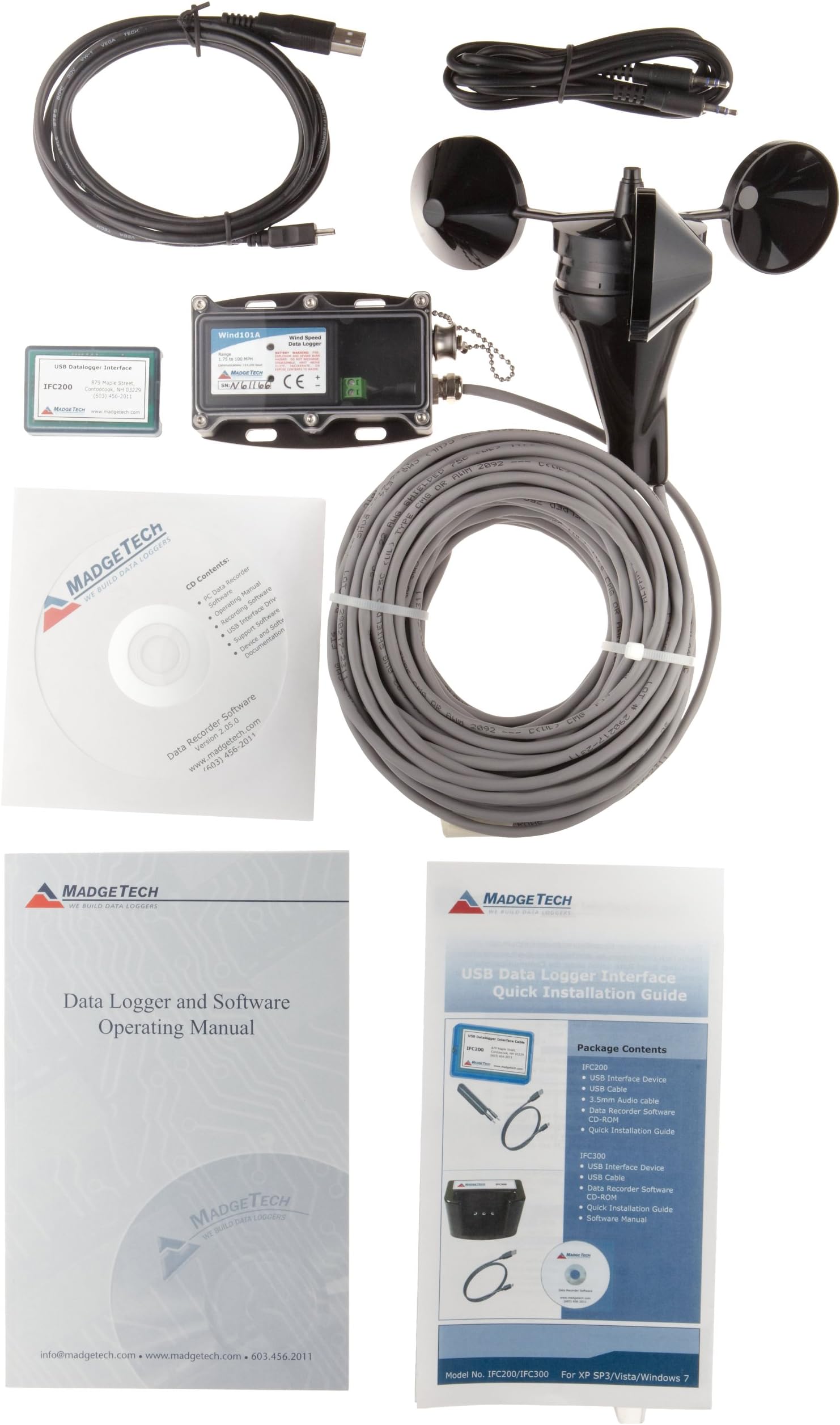 MadgeTech Wind101A-50 Wind Speed Data Logging System, with Pulse101A Data Logger, Weather Proof Enclosure, 3-Cup Anemometer, and IFC200 Software and Interface Cable, 0mph to 100mph Measurement Range, 50' Cable Length