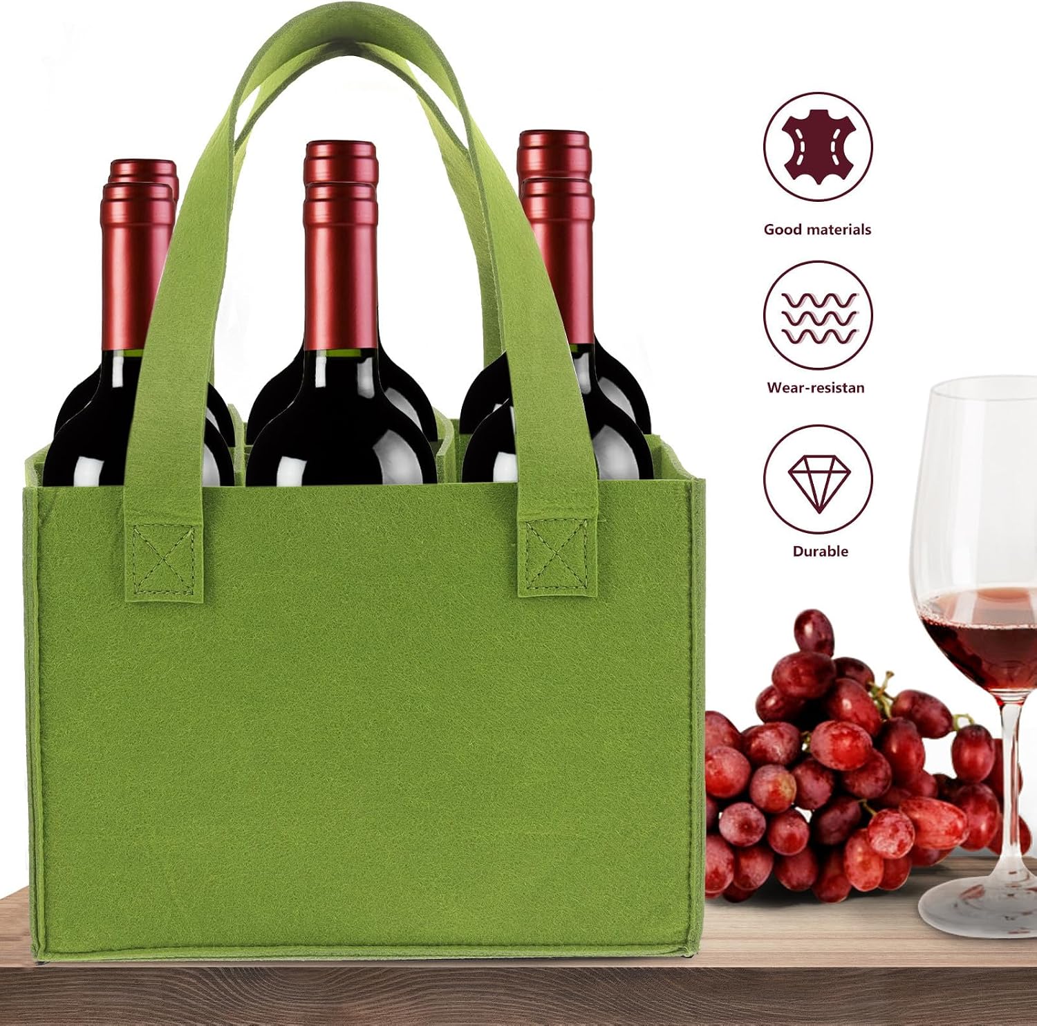 6 Bottle Felt Wine Storage Bag Reusable Portable Green Divider
