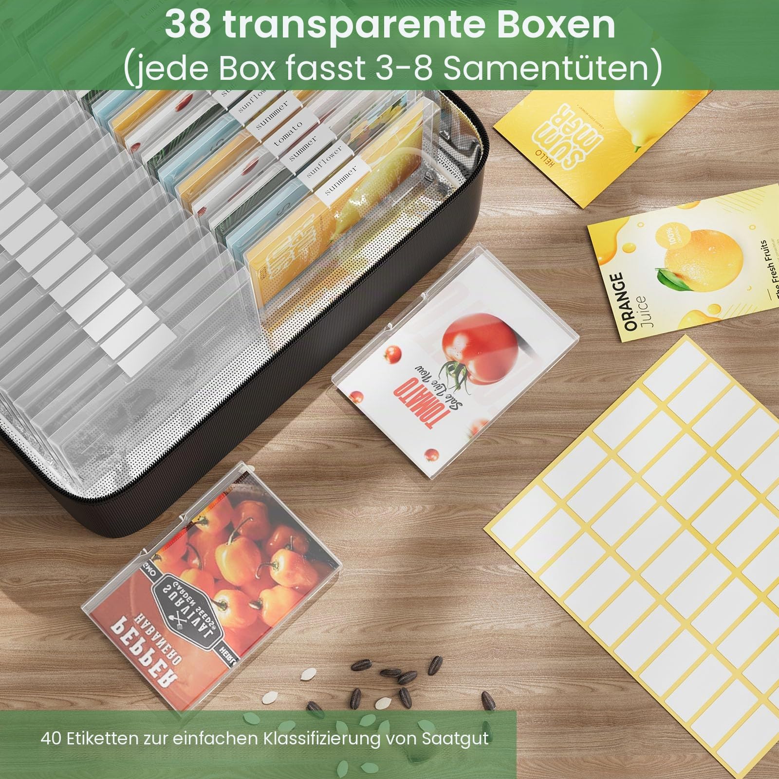 Aufbewahrungsbox für Samen mit 38 Fächern und isolierter Tasche für 80–200 Samenumschläge, Oxford-Stoff, Garten-Samenbehälter mit Etiketten, Samenpaket-Organizer für Pflanzen, Blumen, Gemüsesamen