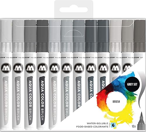 Miniatura 2 de Molotow Pincel color aguamarina (juego de rotuladores de pincel gris, punta de pincel para acuarela y letras a mano), 12 piezas surtidas