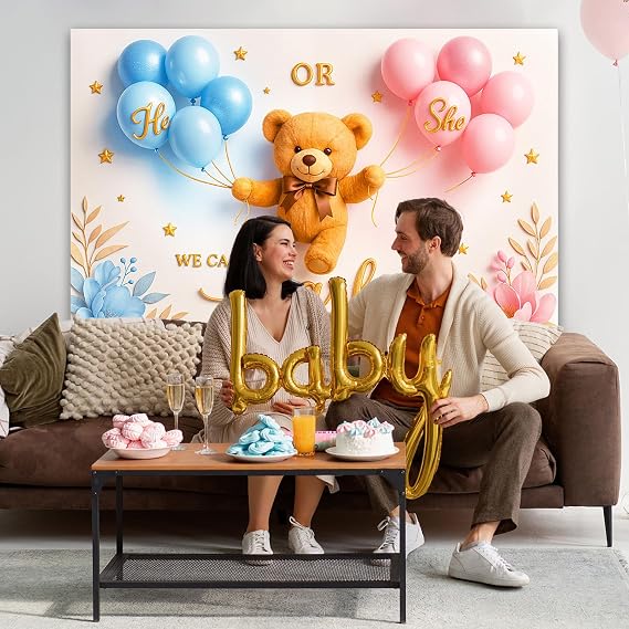 Boho Bear Gender Reveal Banner Backdrop 5.93.6Ft He or She Banner