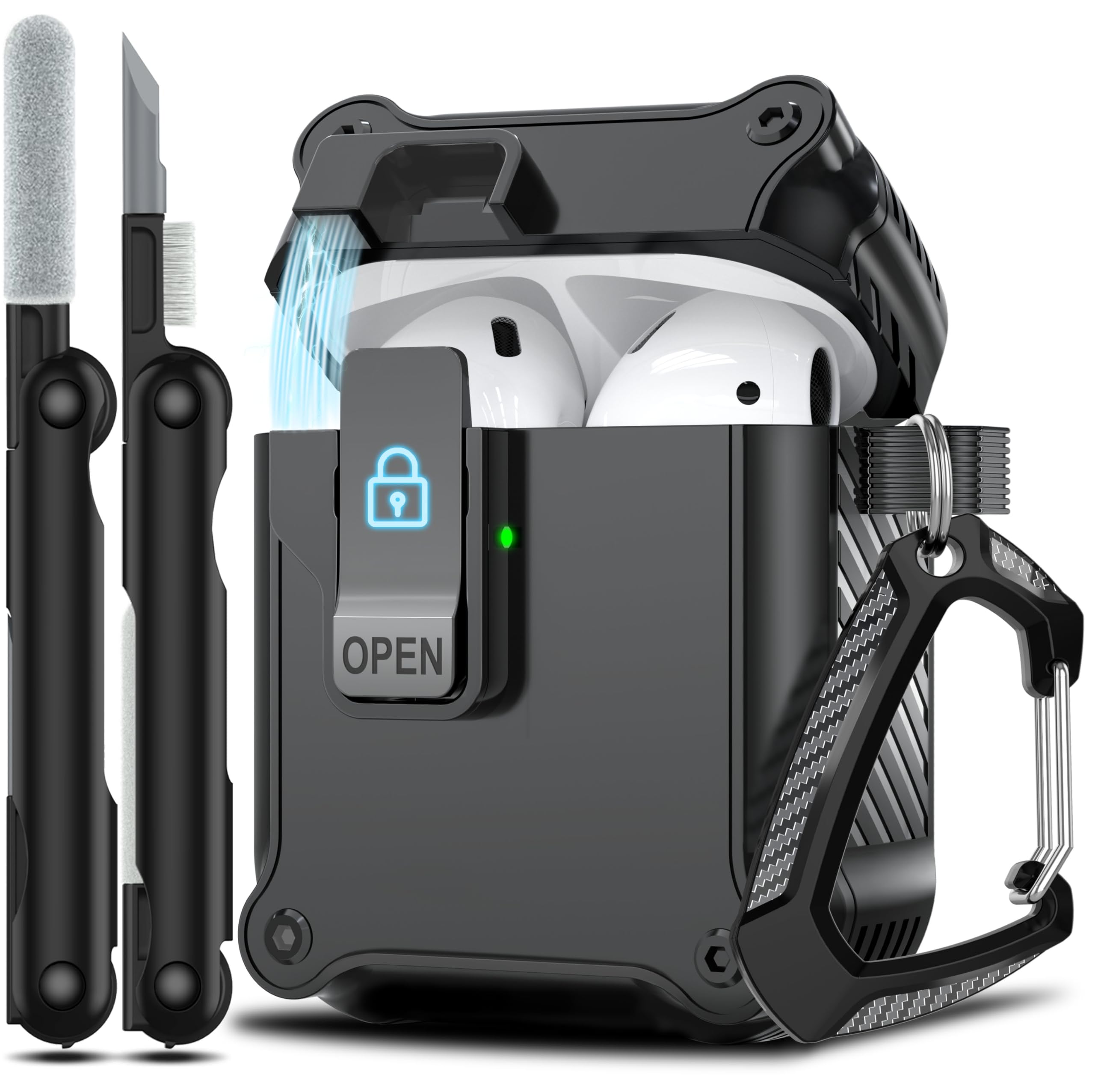 RFUNGUANGO for Airpods 2nd and 1st Generation Protective Cases Automatic Pop-up with Safety Lock Clip, Full Body Shockproof Hard Case with Keychain (