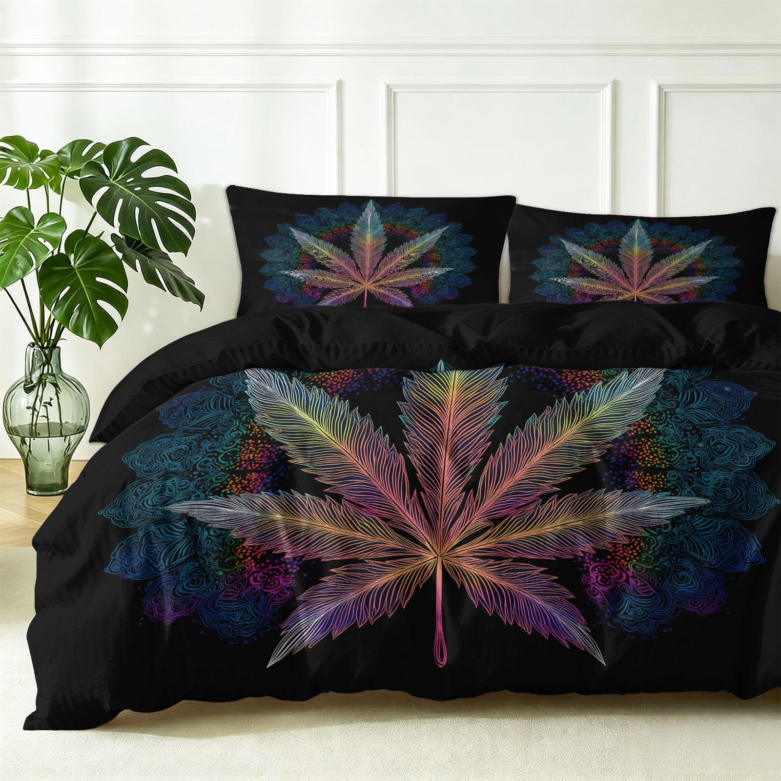 Biancheria da letto simmetrica con pianta di canapa e mandala, colore nero, stile psichedelico streetwear, in morbida microfibra, 155 x 220 cm, con 2 federe da 80 x 80 cm, per bambini, ragazze e