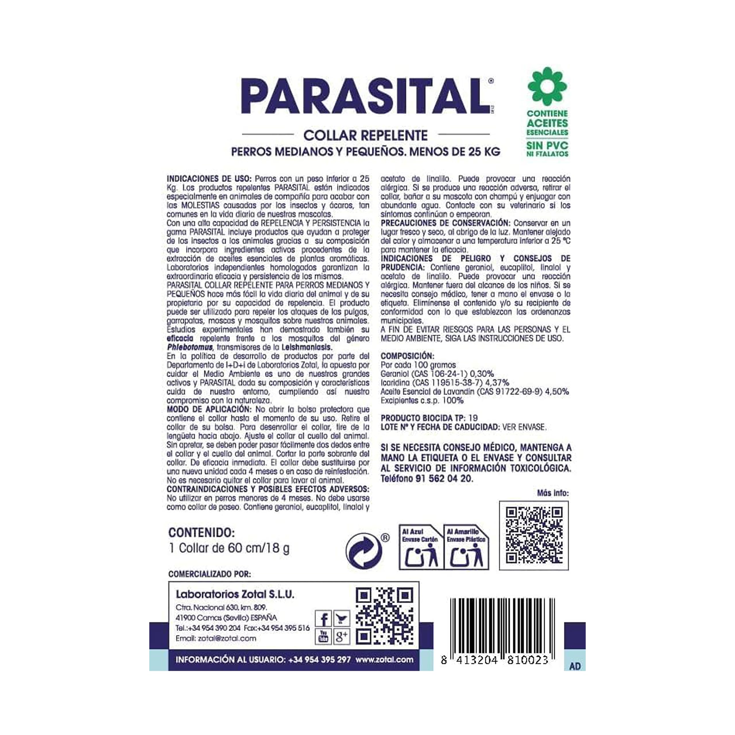 Zotal Parasital Collar Antiparasitario - 60 cm - para Perros Medianos y Pequeños (Menos de 25 Kg) - Protección de hasta 4 Meses - Repele Natural contra Mosquitos, Pulgas y Garrapatas — view 2