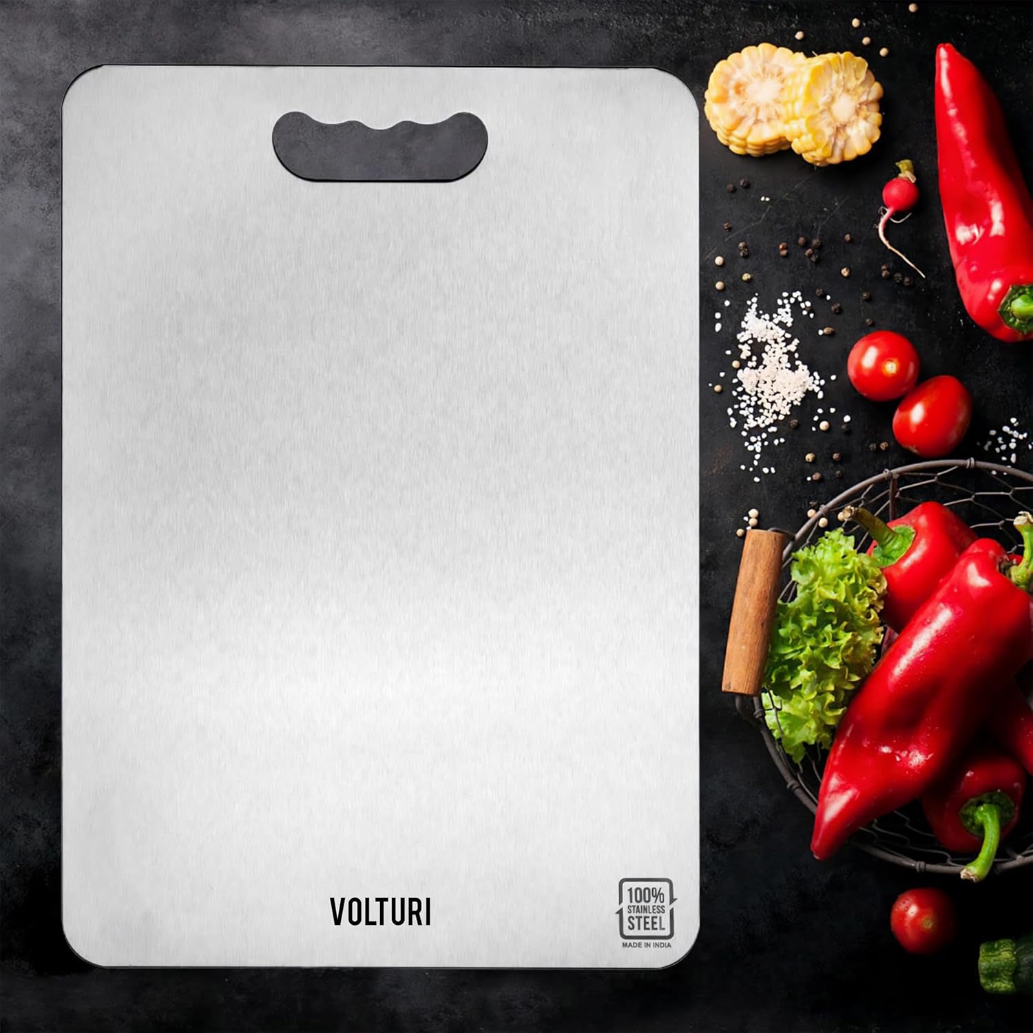 VOLTURI Stainless Steel Chopping Board (32 x 21.5 CM), Vegetable Cutting Board, Premium SUS304 Vegetable and Fruit Cutter Pad, Heavy-Duty Metal Chopping Board VOLTURI Stainless Steel Chopping Board (32 x 21.5 CM), Vegetable Cutting Board, Premium SUS304 Vegetable and Fruit Cutter Pad, Heavy-Duty Metal Chopping Board
