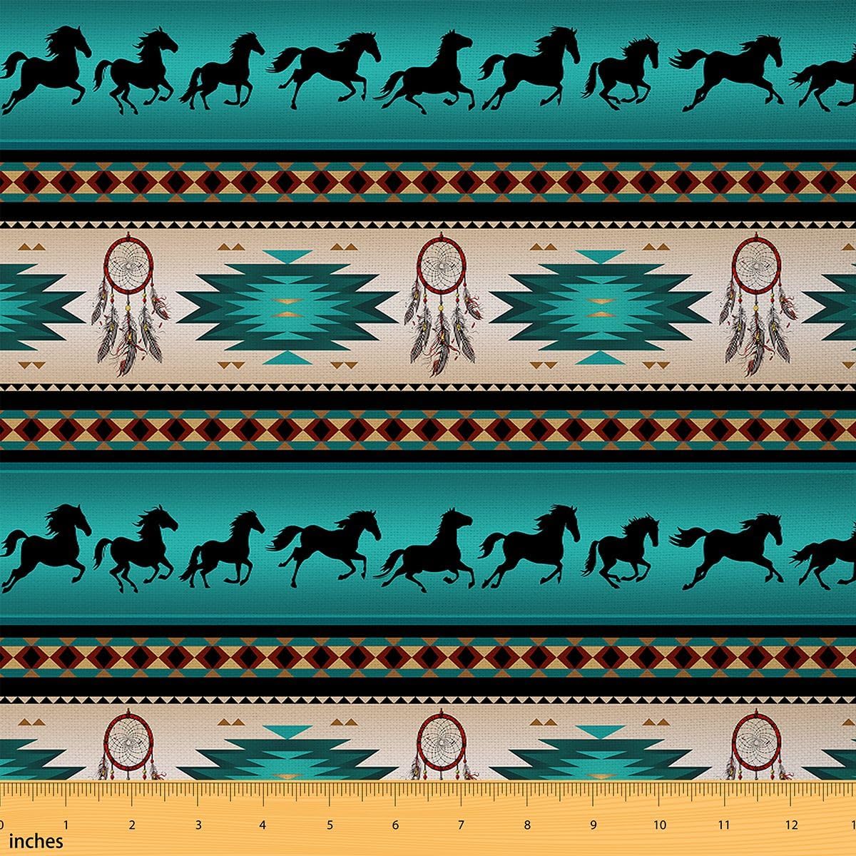 Horse Upholstery Fabric, Dream Catchers Fabric By The Yard for Cowboy Cowgirl, Southwestern Native Aztec Horses Decorative Fabric, Bohemian Tribe Farmhouse Wildlife Animal, Green, 1 Yard