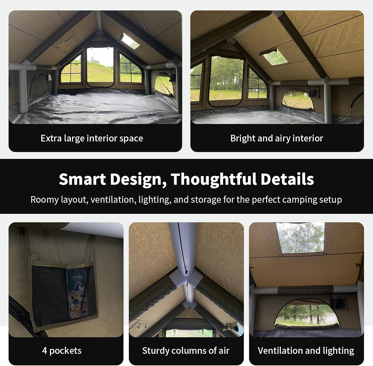 Luxury Inflatable Camping Tent,Wind & Rain Resistant,Breathable & Durable Wear-Resistant Fabric,Built-in Stove Jack,Fast Setup with Pump,All-Season Ready,Dual Doors,Mosquito-Proof Mesh Windows