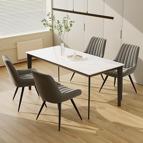 Miniatura 9 de Juego de 6 sillas de comedor modernas de mediados de siglo, sillas de cocina de tela tapizada con cojines suaves, color gris oscuro Gris oscuro