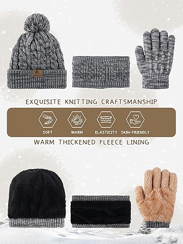 Miniatura 5 de Wenouy Conjunto de gorro de invierno para niños, guantes y bufanda, gorro de invierno con pompón de punto, calentador de cuello, guantes con forro