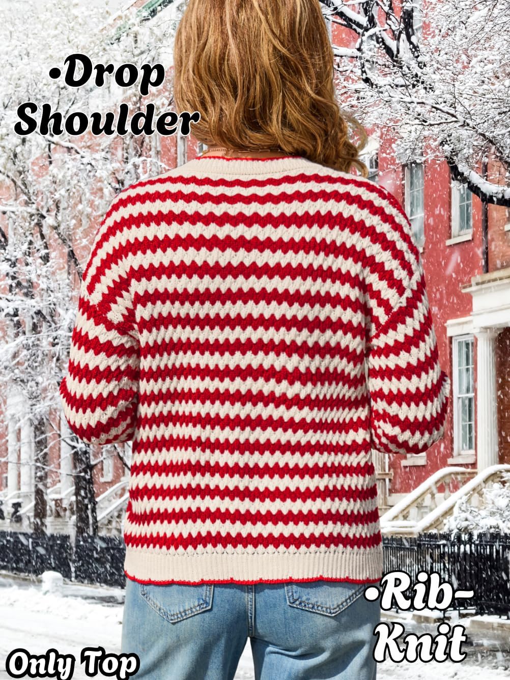 Womens Trendy Ribbed Knit Sweater, Crewneck Pullover Striped Color Block Long Sleeve Tops, Fall Winter Casual Outfits - Image 3