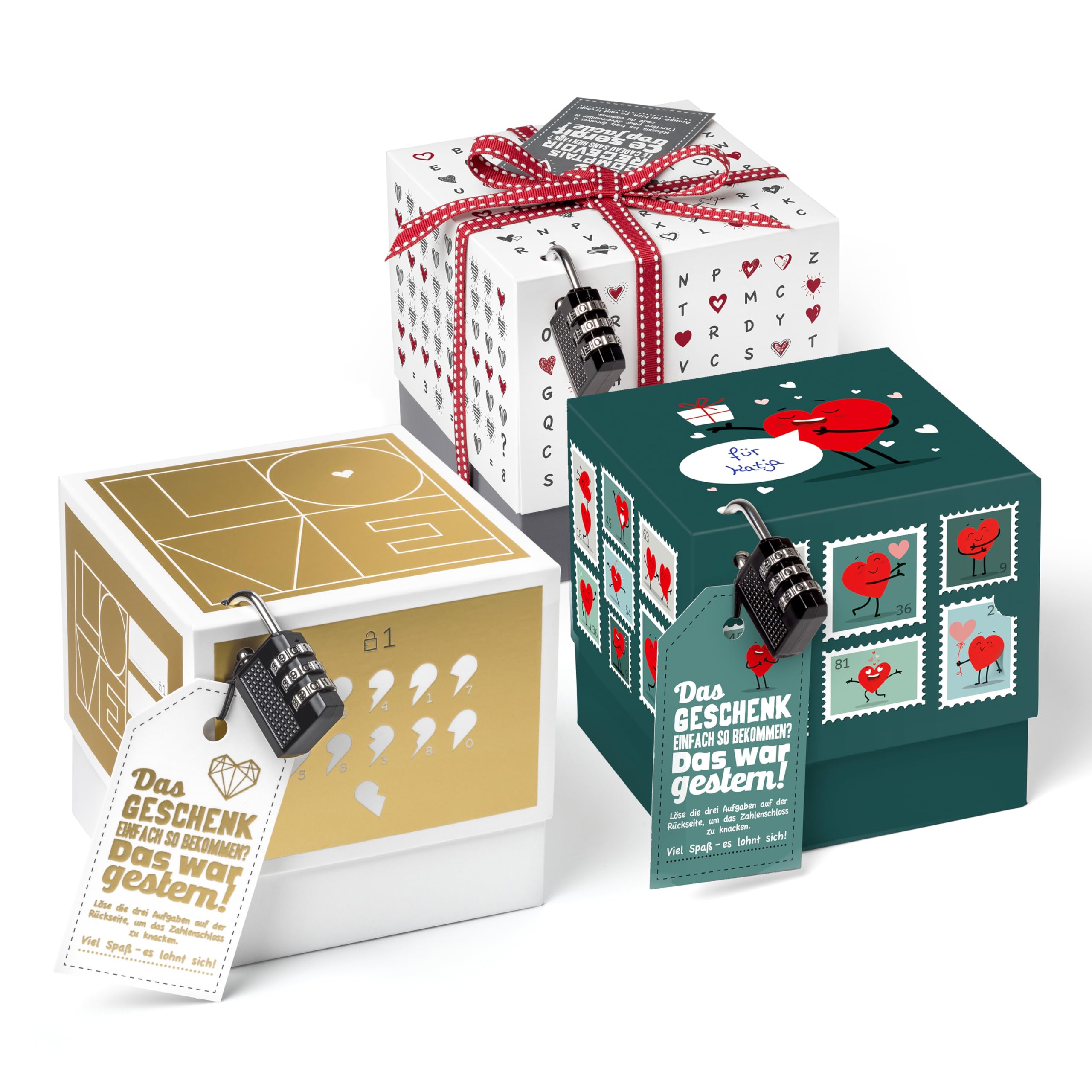 SURPRISA Geschenkboxen Set, 3er Pack Rätselboxen für Geldgeschenke & Gutscheine, Valentinstag, Jahrestag & Hochzeit, Briefmarkenrätsel, Herzrätsel & Liebesrätsel, Größe S (12cm)