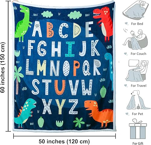 Miniatura 4 de ABC - Manta de franela con letras del alfabeto, manta de franela suave con estampado de dinosaurios azules, linda manta de dibujos animados, regalos