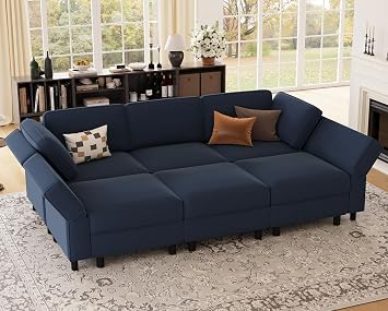 Belffin 88.6" Modular Sectional Sofa,Couch with Deep Seat,Convertible 6 Seat Sleeper Sofa Couch with Movable Storage Ottoman Chaise,Comfy Upholstered Sectional Couches for Living Room,Blue Velvet