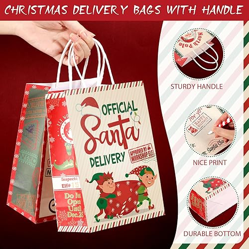 Miniatura 3 de Zonon 24 bolsas de papel de estraza de papel de estraza para Navidad, bolsas de papel de Navidad rojas y verdes con asas, regalo de caramelos de
