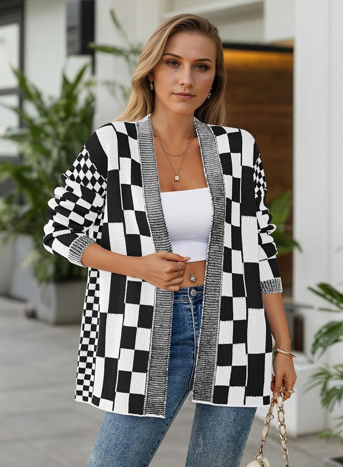 Pink Queen 2026 Checkered Cardigan Sweaters for Women Casual Long Sleeve Plaid Knit Outwear Coats with Pockets - Image 5