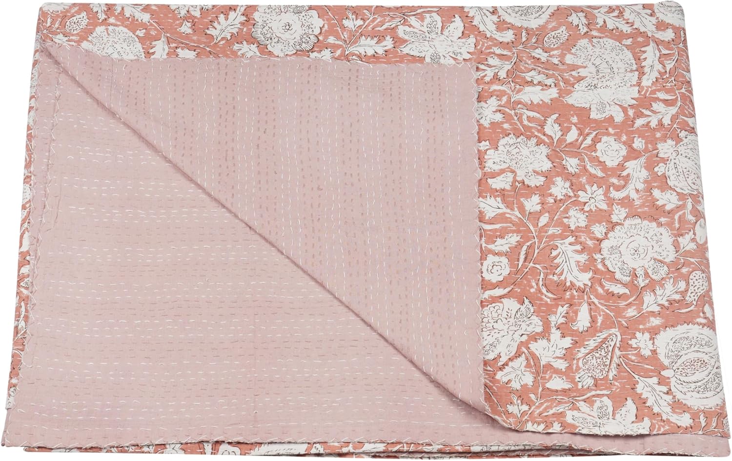 Marubhumi Indian Handmade Traditional Hippie Floral Print Kantha Quilt Indian Cotton Bedding Throw Blanket Bespread Hand Stitched with Love (Copper, King (108"x 108"))
