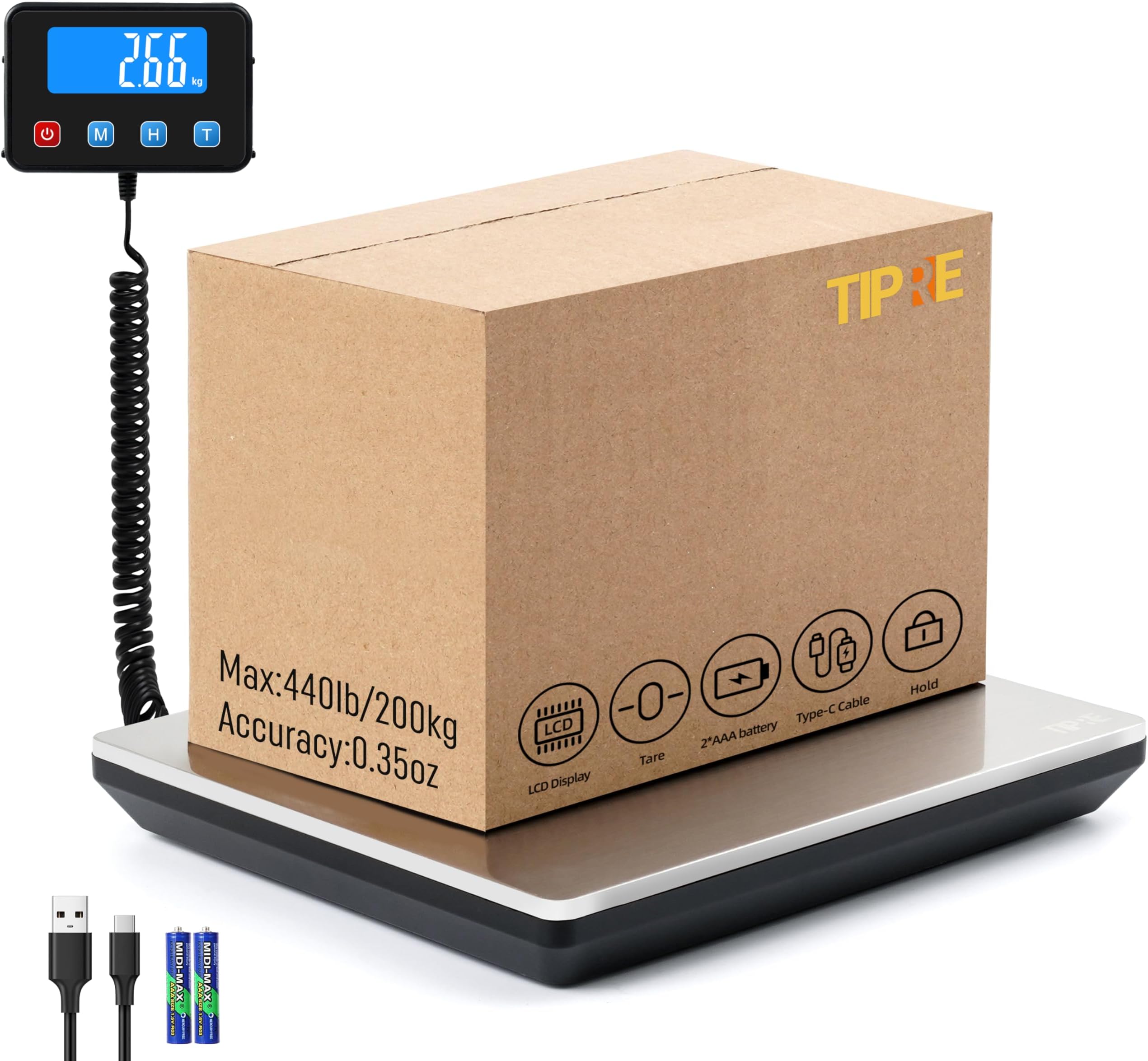TIPRE Shipping Scale 440lbs for Packages, Heavy Duty Digital Postal Scale with LCD Display 0.35 oz High Precision Express Scale with Type-C Charging & Batteries Smart Hold/Tare for Small Business Home