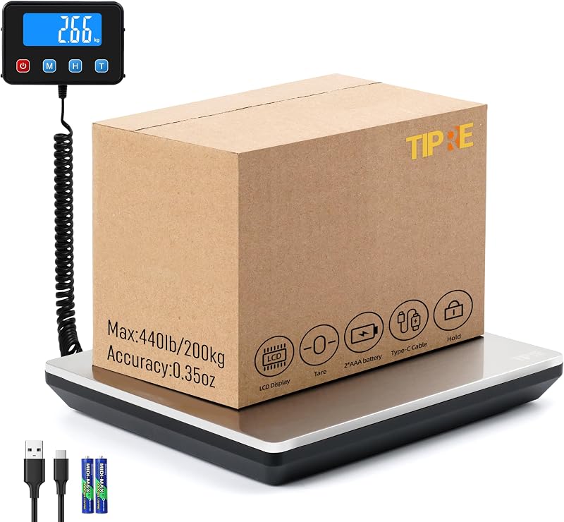 Báscula de envío TIPRE de 440 libras para paquetes, báscula postal digital resistente con pantalla LCD de 0,35 oz báscula exprés de alta precisión con carga tipo C y baterías Smart Hold/tara para pequeñas empresas en el hogar