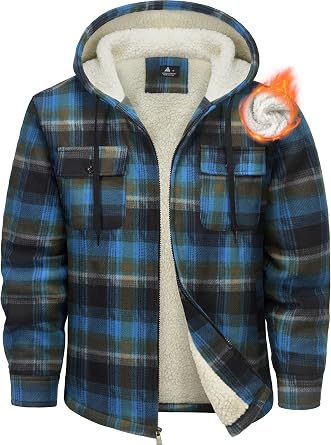 Mens Flannel Hoodie Jacket Fleece Lined Flannel Shirt Plaid Zip Up Sherpa Hooded Sweatshirt Warm Winter Coat