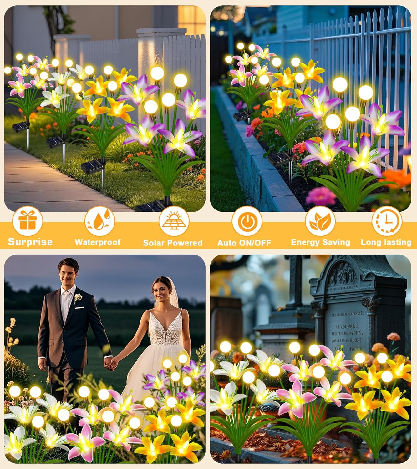 Solar Lights Outdoor Waterproof Garden Decor,4 Packs Lily Flowers Firefly Lights,Birthday Gifts for Women Mom,Solar Flowers Decorative Lights for Outside Yard Lawn Patio Porch Decorations
