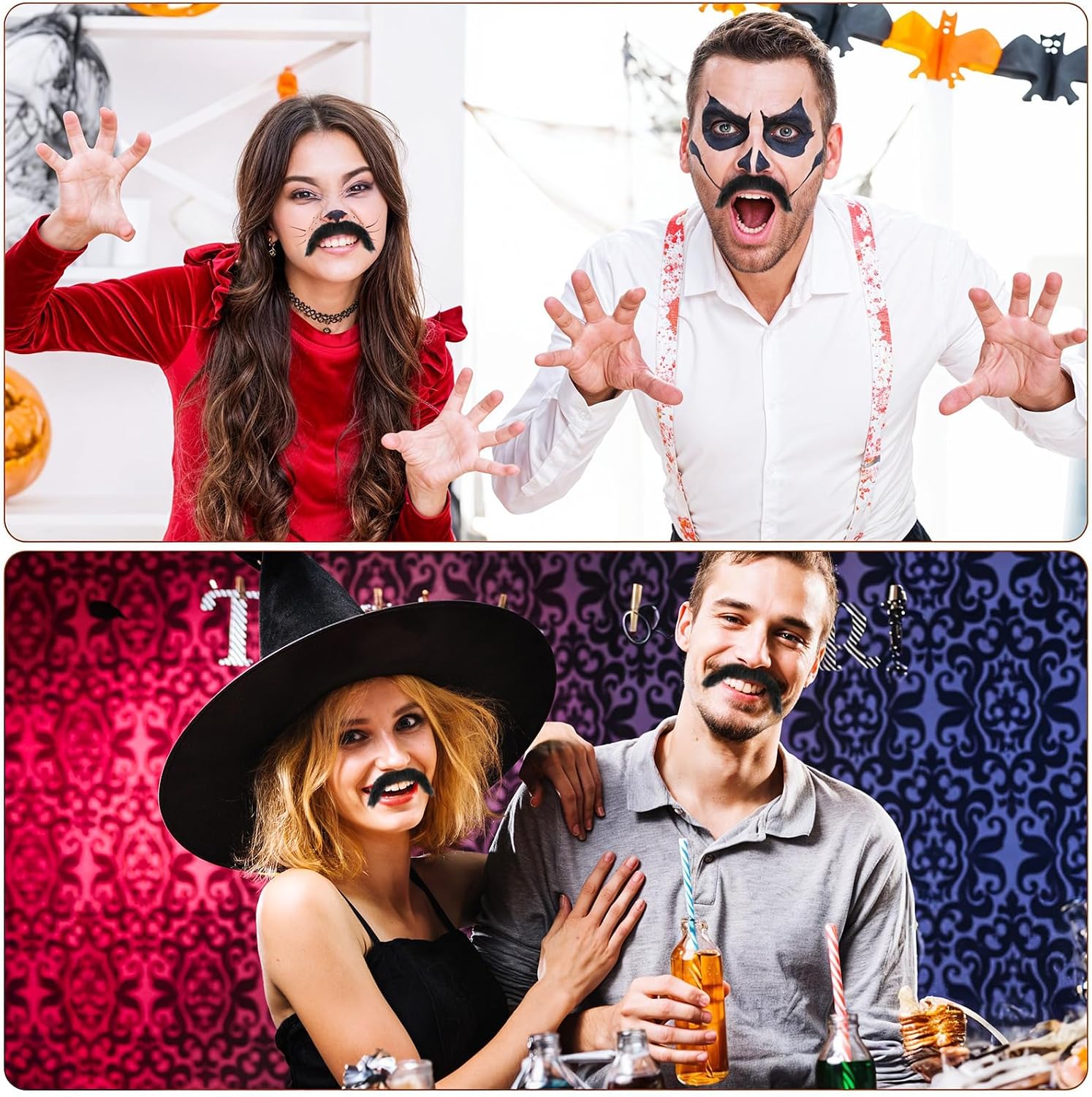 6 Pcs Black Fake Mustaches, Stick On Mustache, Realistic Fake Facial Hair, Novelty Handlebar Fakes Beard for Cosplay Costumes, Theme Party and Halloween