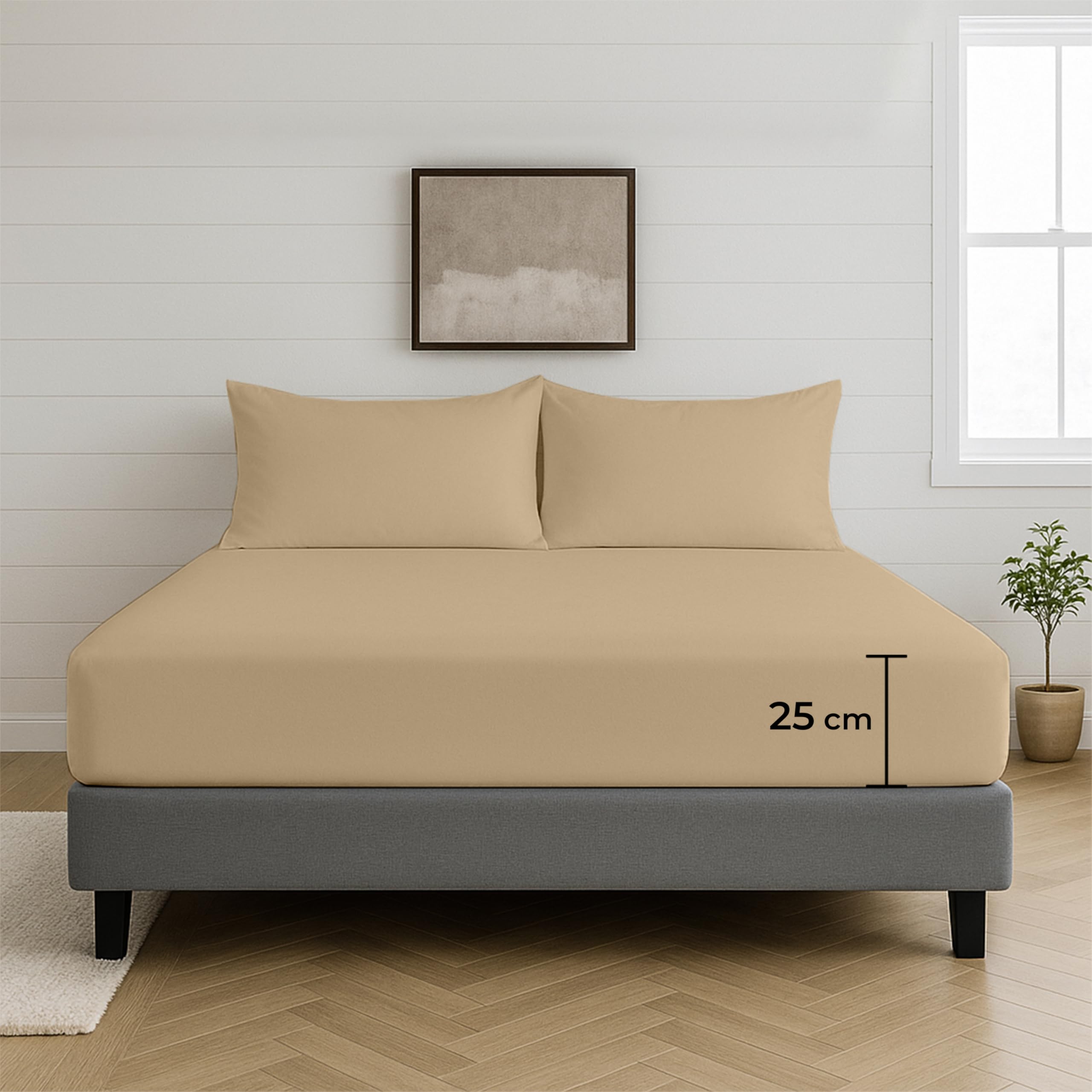 Egypto 100% Microfibre Latte Fitted Sheet Double – 25cm Deep Fitted Sheet with Elasticated Corners – Ultra Soft, Skin Friendly Bedsheet & Durable Bottom Sheet (Latte – 137cm x 190cm)