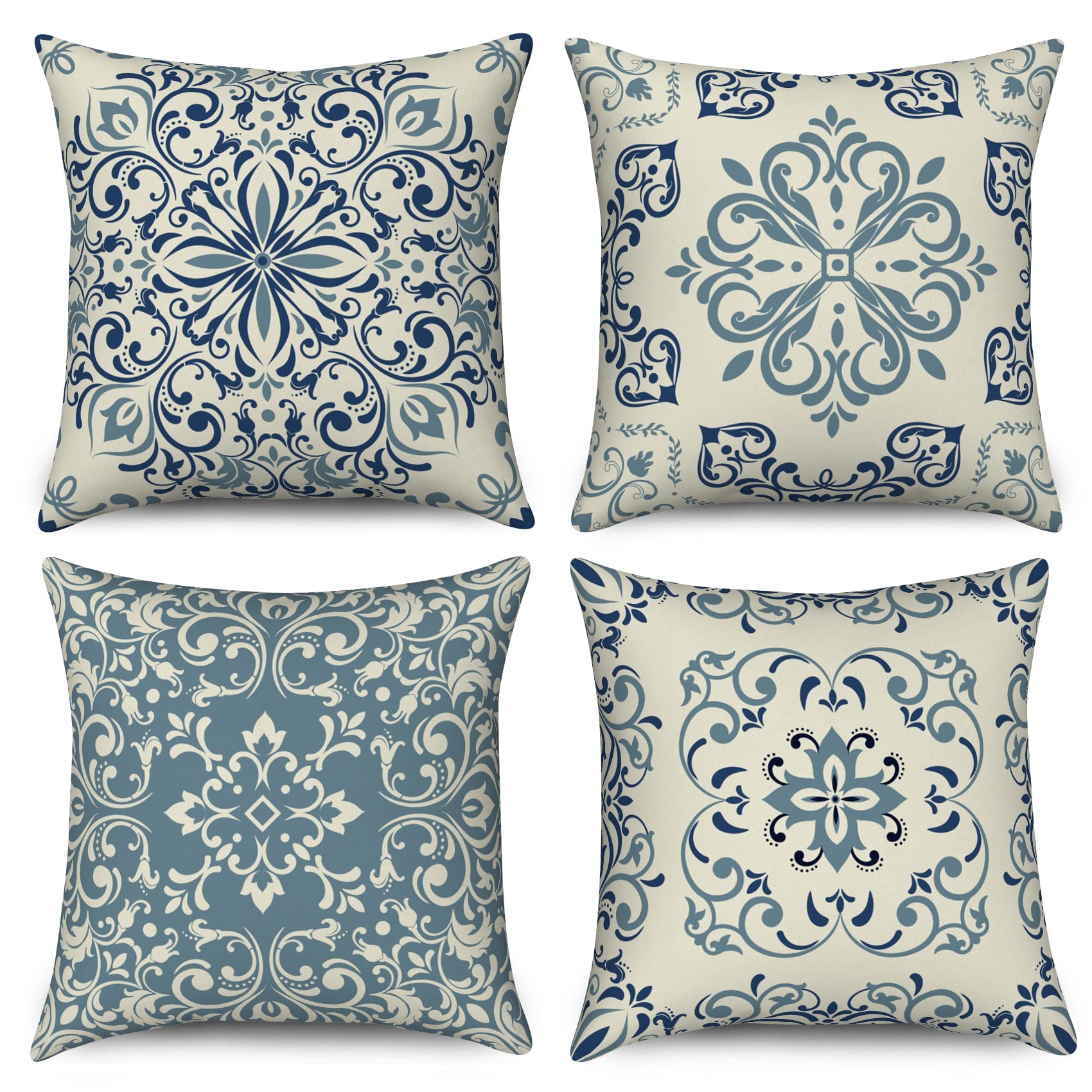 Taie d'oreiller en lin 50x50 bleu vintage géométrique, housse de coussin décorative extérieure