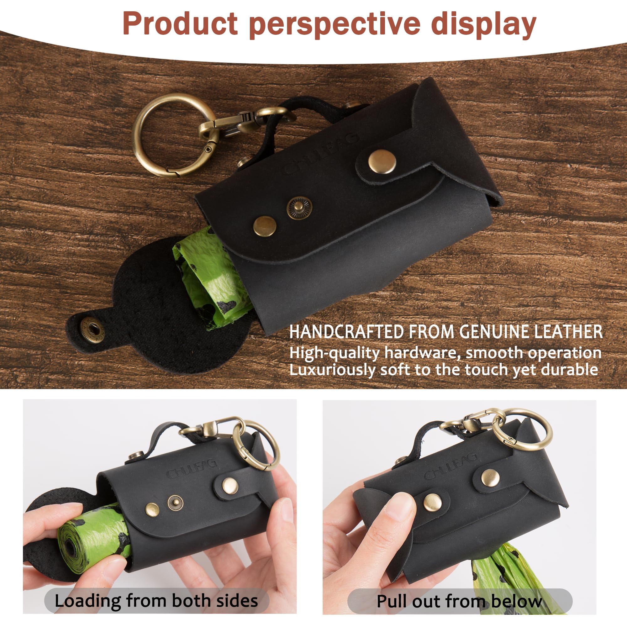 Dispensador de bolsas de piel para excrementos de perro hecho a mano con accesorio para cinturón, duradero, elegante soporte para bolsas de basura para perros, paseadores de perros, clip de