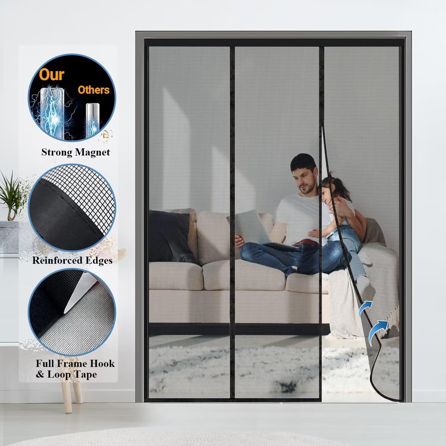 Schwerlastnetz Insektenschutz Balkontür Magnet 195x270cm Schwarz FliegengittertüR mit Katzenklappe Magnetisches Fliegengitter BalkontüR hält Mücken ab