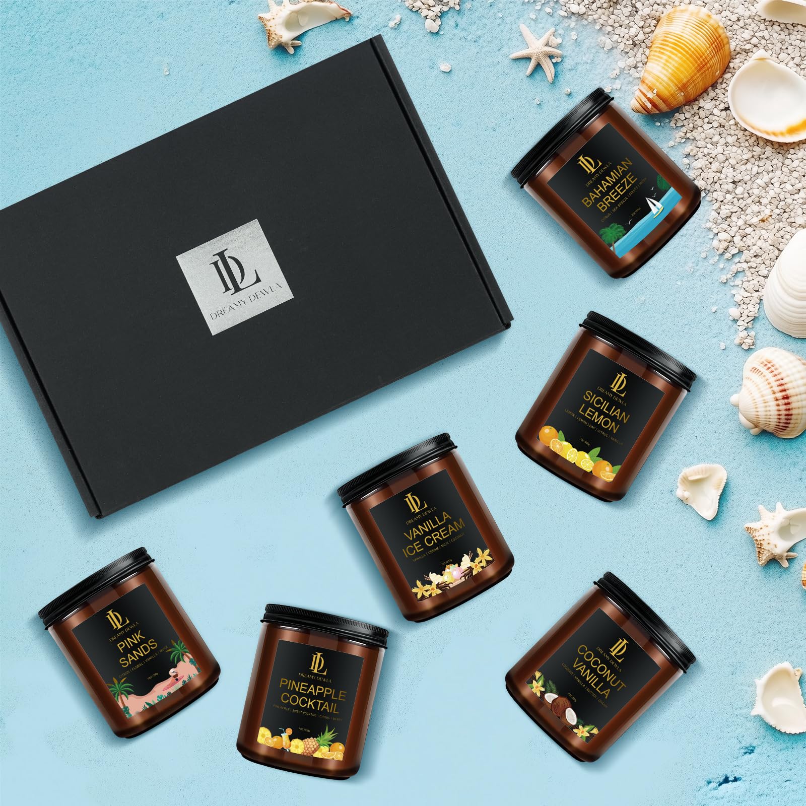 Juego de 6 velas perfumadas, 42 onzas, 300 horas de larga duración, velas de soja para el hogar, aromas de arena rosa/vainilla de coco/brisa de Bahama/cóctel de piña/limón iciliano/helado de vainilla