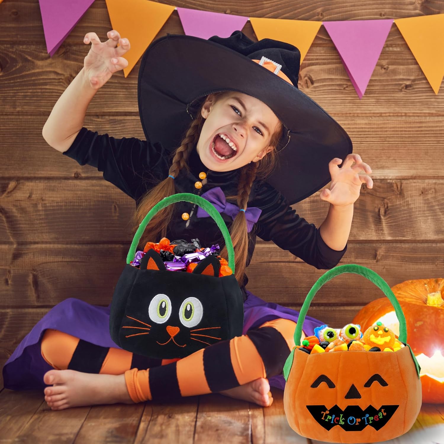 DearSun Personalized Halloween Basket Trick or Treat Bags Candy Bucket for Kids with Embroidery Name, Gift Basket for Halloween Party Favor Supplies (Orange Cat)