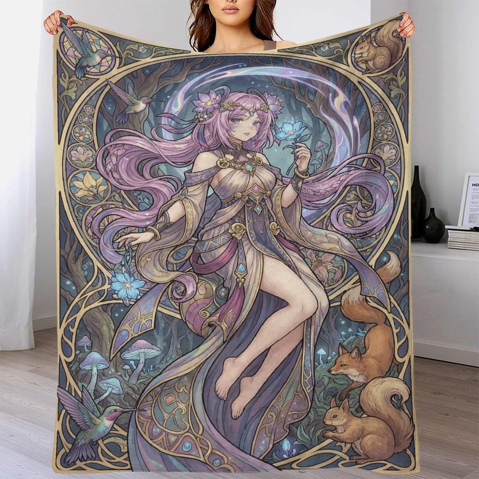 W7C8U2X3 Art Nouveau Mucha Anime Flannel Throw Blanket, Bedroom Sofa Couch