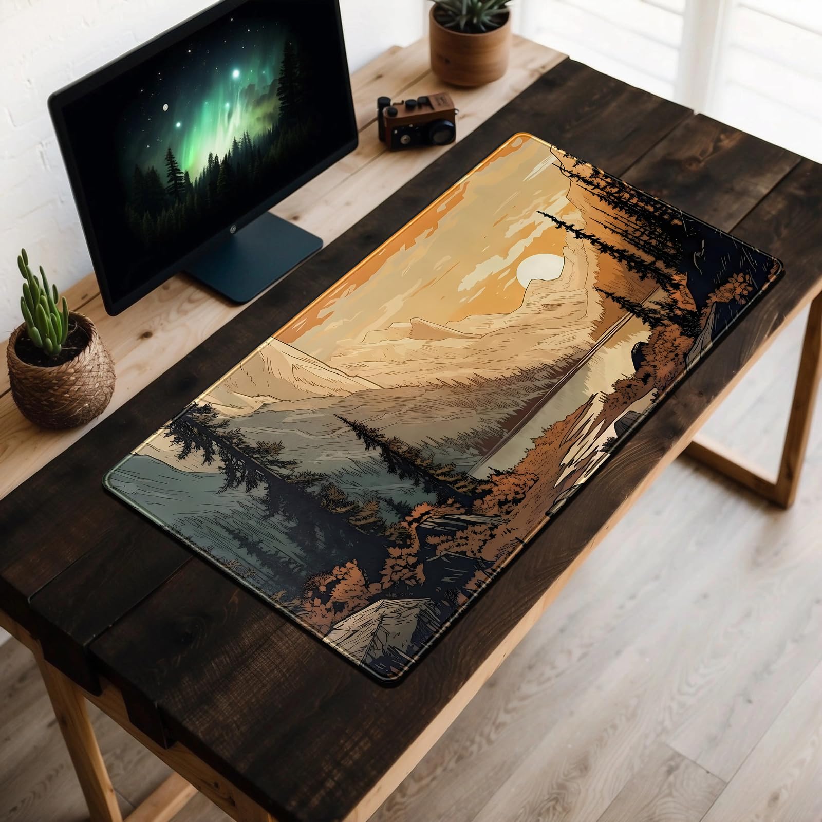 Tapete de escritorio con diseño de montañas de puesta de sol, tamaño XXL, extendido, para juegos, paisaje, grande, para computadora, laptop, escritorio, teclado, decoración de escritorio, 31.5 x 15.7