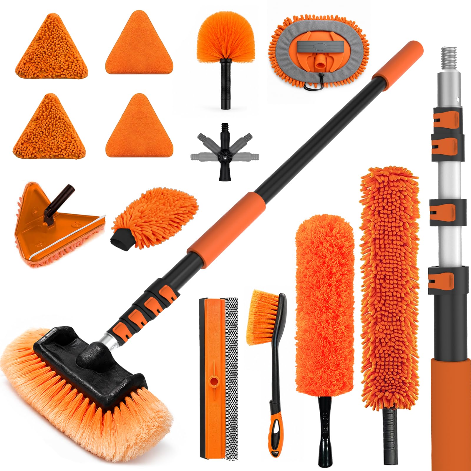 LAANPOLE 6m Wandwischer Set & 3,6m Auto Waschbürste Set – Teleskop-Staubwedel für Wände, Ecken, Fliesen mit Wechseltuch + Autowaschbürste mit Fensterputzer, Mopp, Mitt, Radbürste für Wohnmobil, LKW