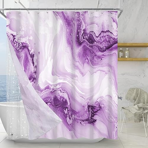 Miniatura 17 de Cortina de ducha sin gancho con forro a presión, mármol azul, textura moderna de tinta grieta, cortina de ducha de doble capa, tela impermeable,