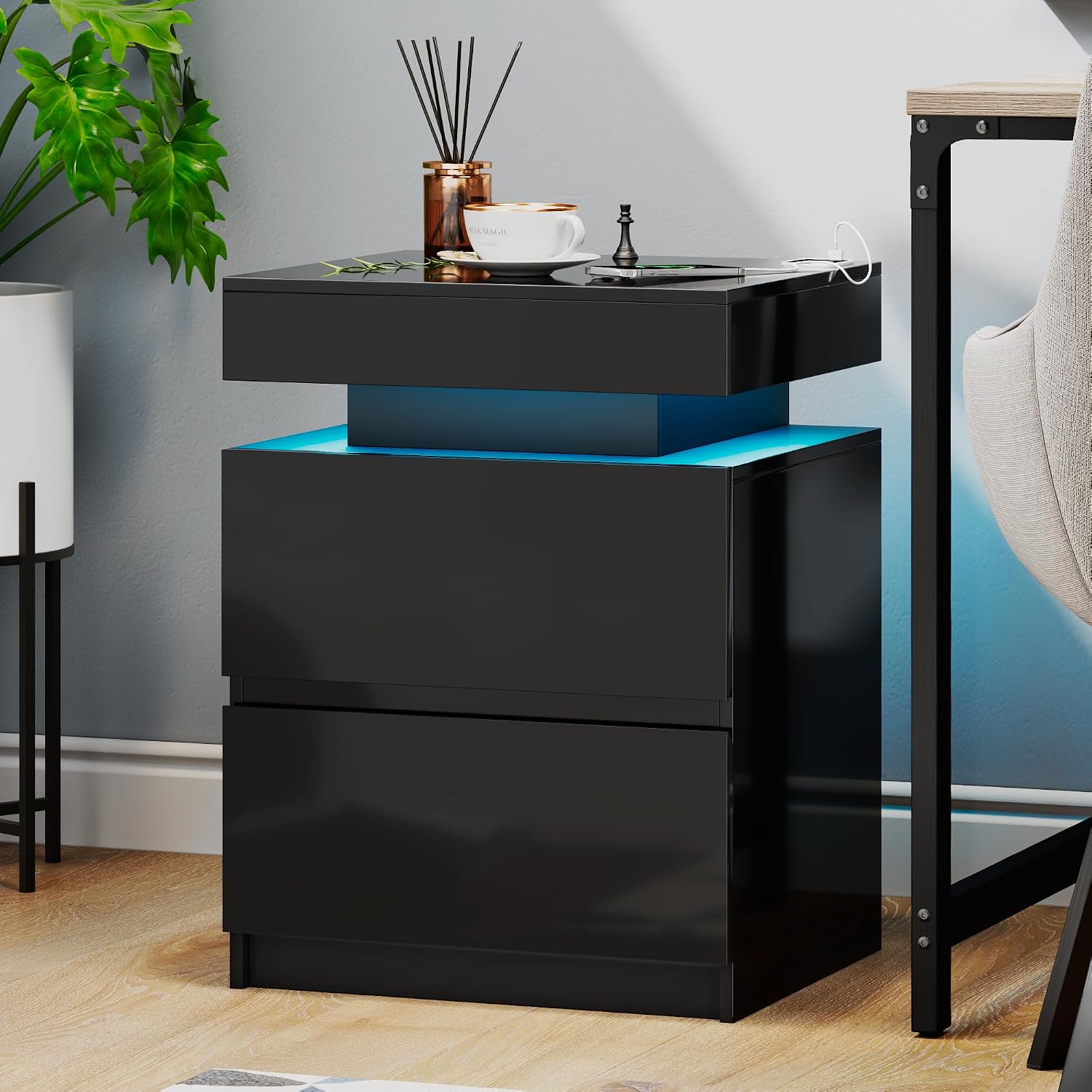 LED Nightstand - Bedside Table with Charging Station and 2 Shiny Surface Drawers Sliding Top with Magnetic Lock - Modern Night Stand for Bedroom & Living Room - Black