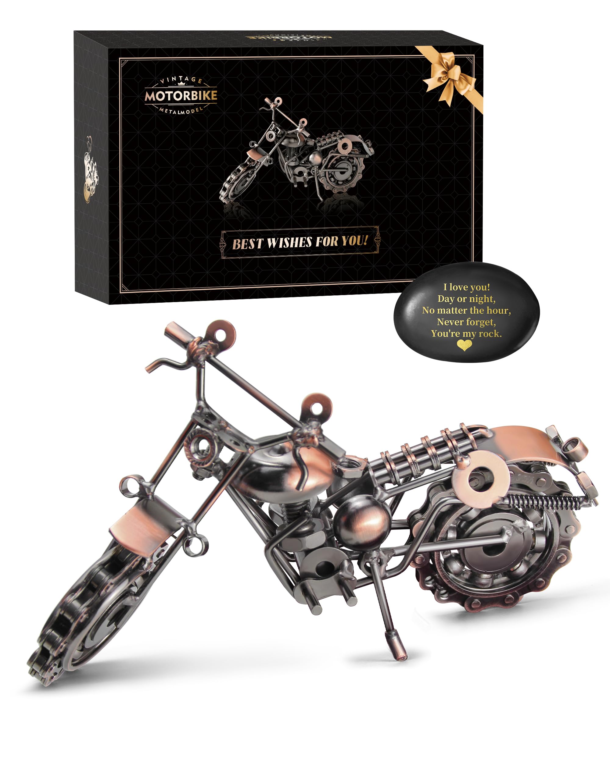Signstek Father’s Day Motorbike Gift for Dad, Vintage Metal Motorcycle Ornament with Engraved Rock, Retro Keepsake Desk Décor
