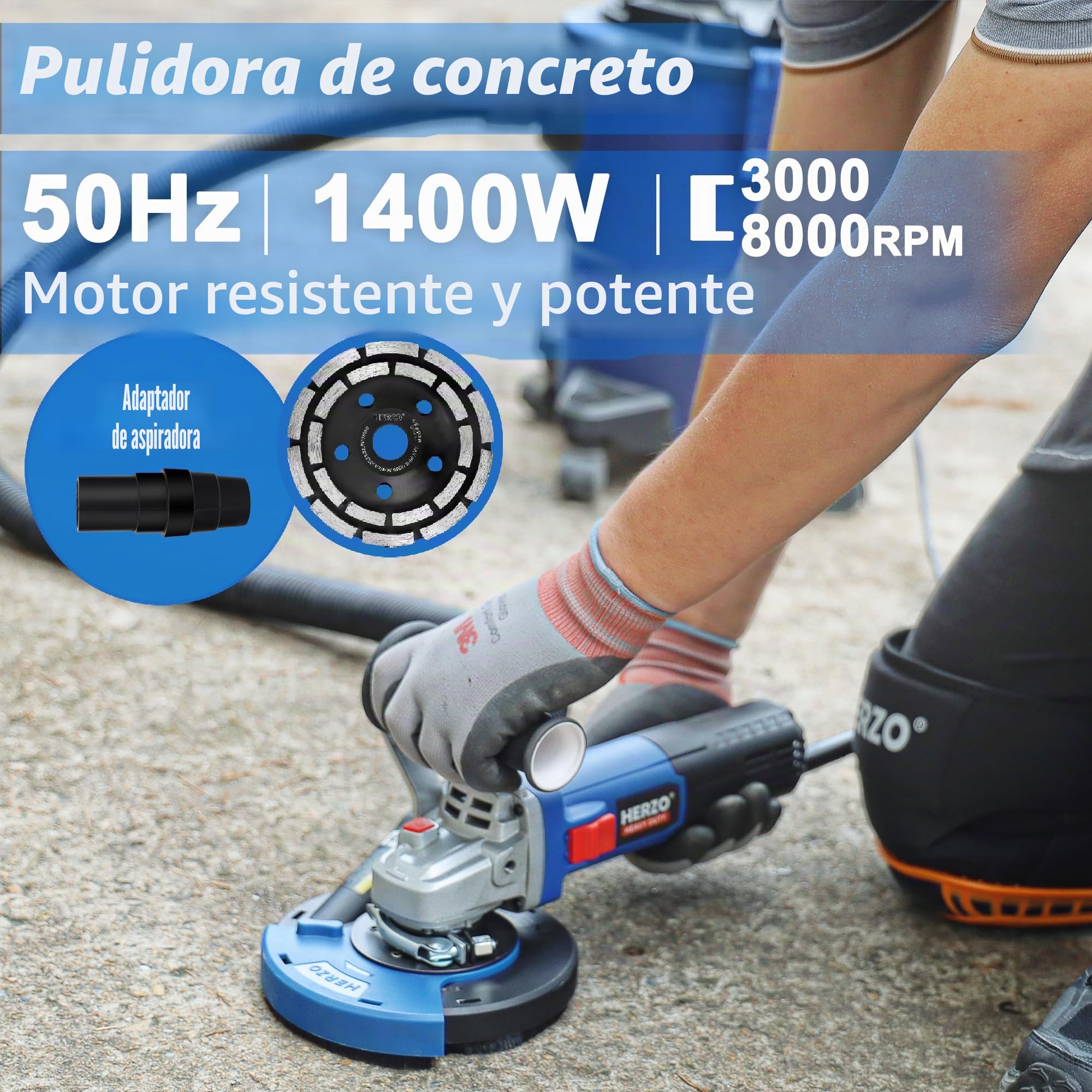 Amoladora Angular,HERZO Lijadora de Hormigón 1400W,Juego de trituradora de hormigón 125mm, 6 niveles de velocidad, campana de extracción (125mm)