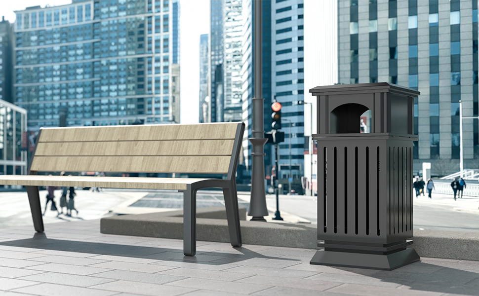 Image of BEAMNOVA Commercial Outdoor Trash Can with Lid, Matte Black, 15.8 * 35.5 in | Metal Heavy Duty Garbage Can Outside Waste Container for Hotel, Patio, Business, Pool Area, Exterior Public Area