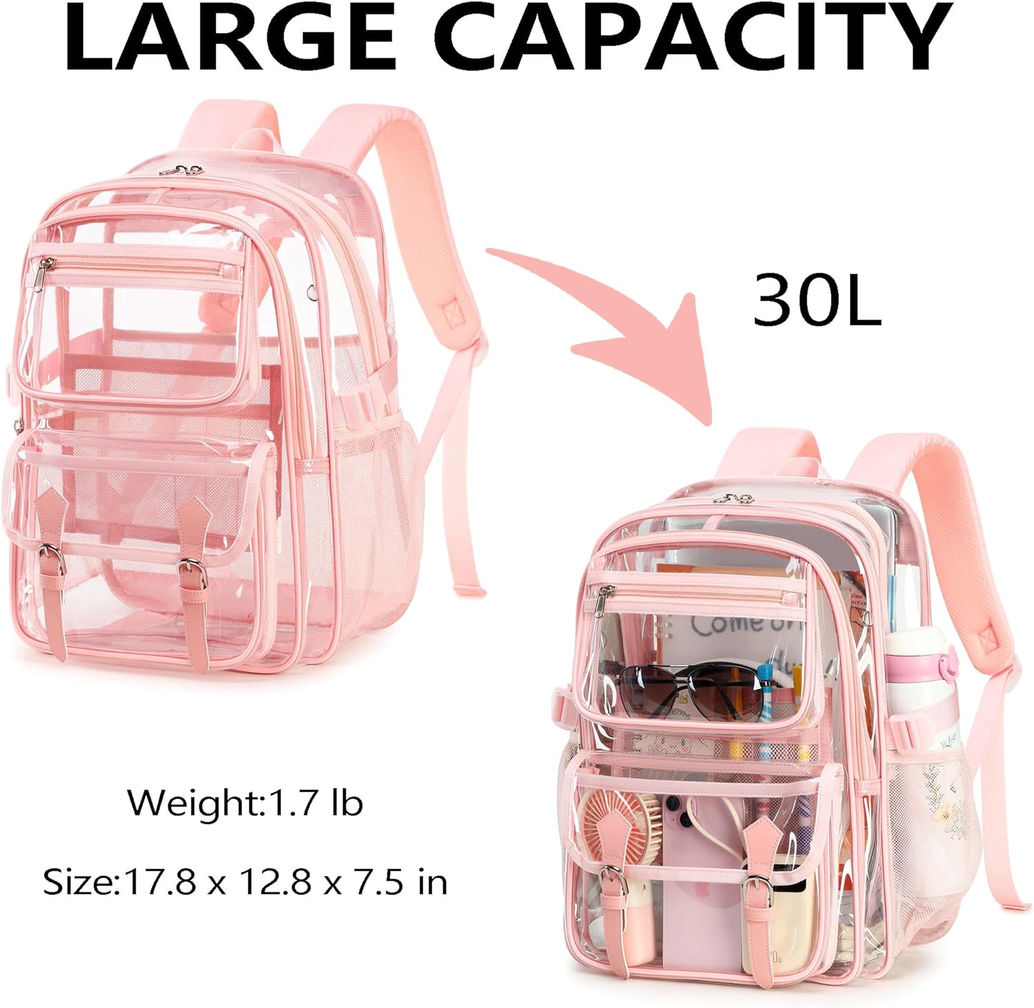 Clear Backpack for Girls Women Heavy Duty School BookBag Transparent Backpacks Stadium Approved See Through Backpack X-Large(Pink) - Image 4