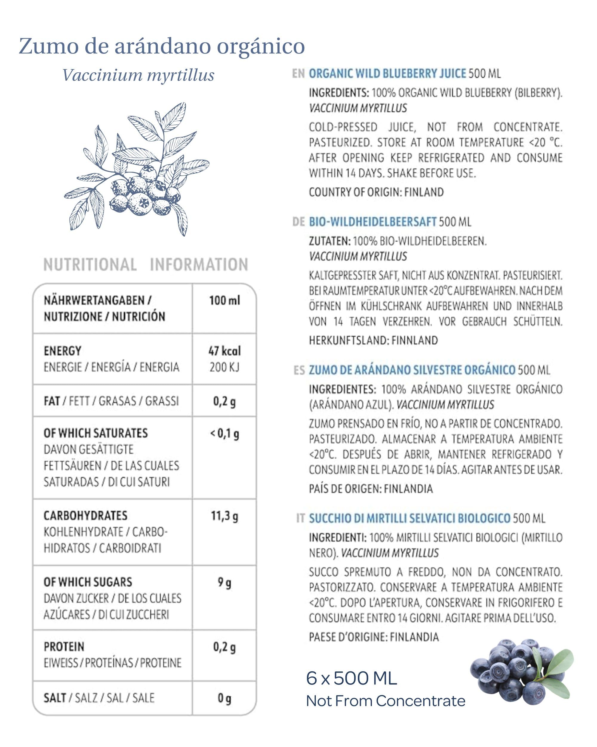 LOOV Zumo de arándanos silvestres ecológicos 100% puro prensado en frío 6 x 500 ml