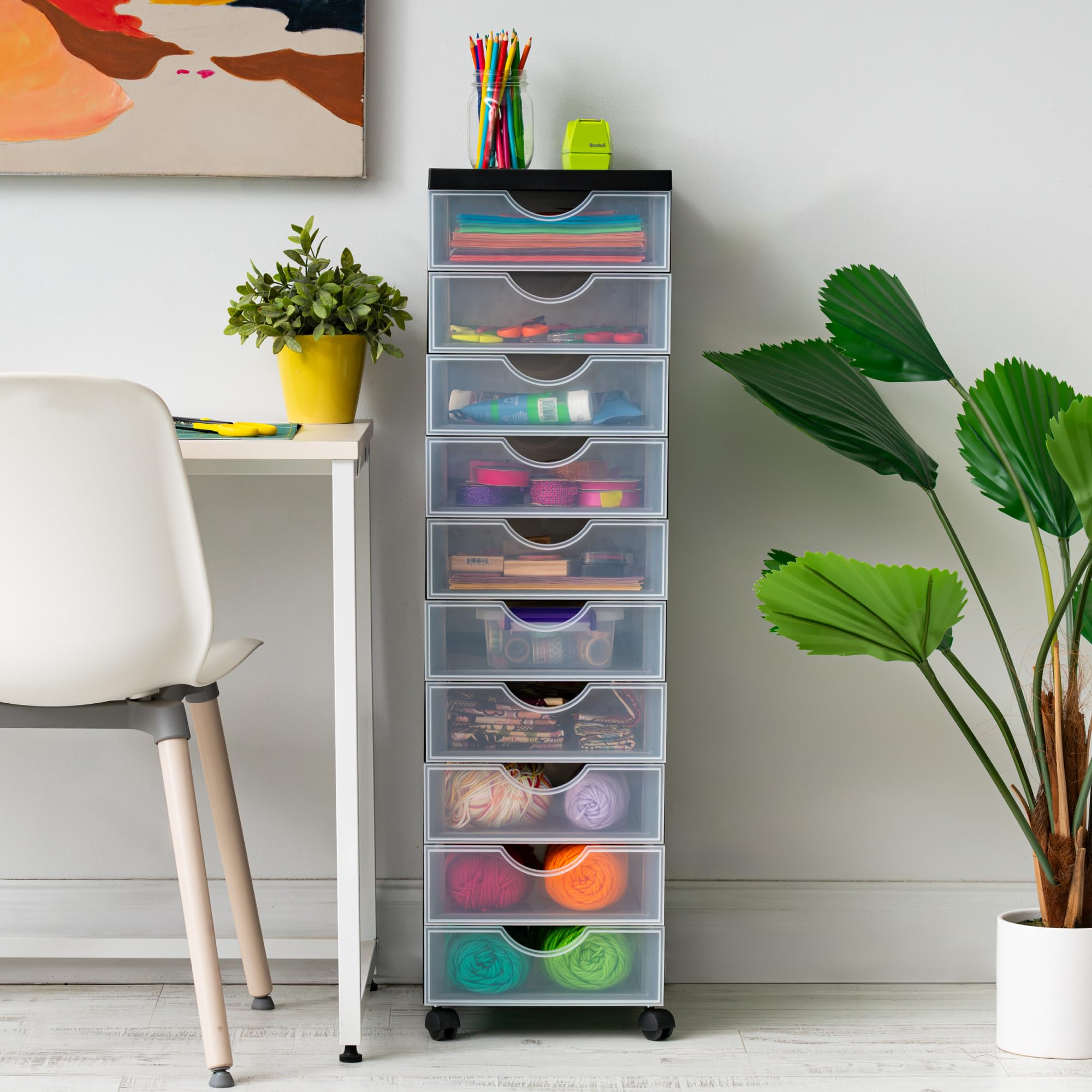 Iris Ohyama, Meuble de rangement, Tour de rangement plastique, Noir, 10 Tiroirs, A4, 4 Roulettes, hauteur 100.5 cm, Papeterie, Chambre, Salle de Bain, Bureau, École, Sans BPA, DDDC-010