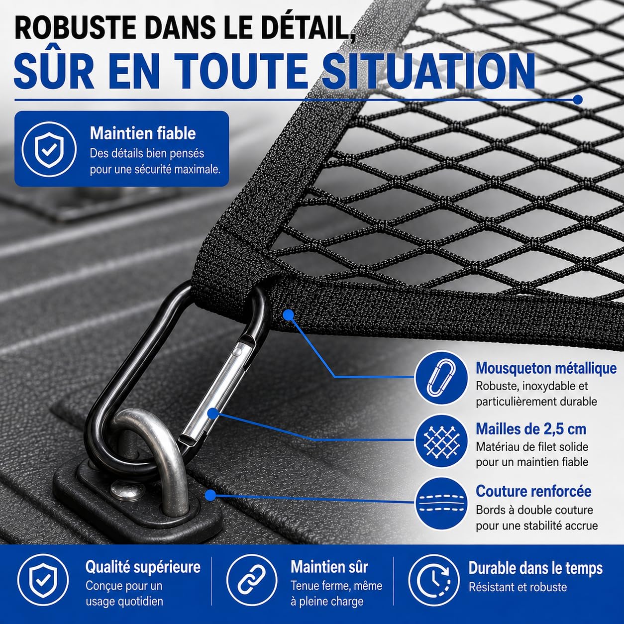 Filet de Chargement pour Pick-up et SUV, Noir, Double Couche avec 8 mousquetons métalliques, pour Quad, remorque et Bateau, 120 × 120 cm, Extensible Jusqu’à 210 × 210 cm