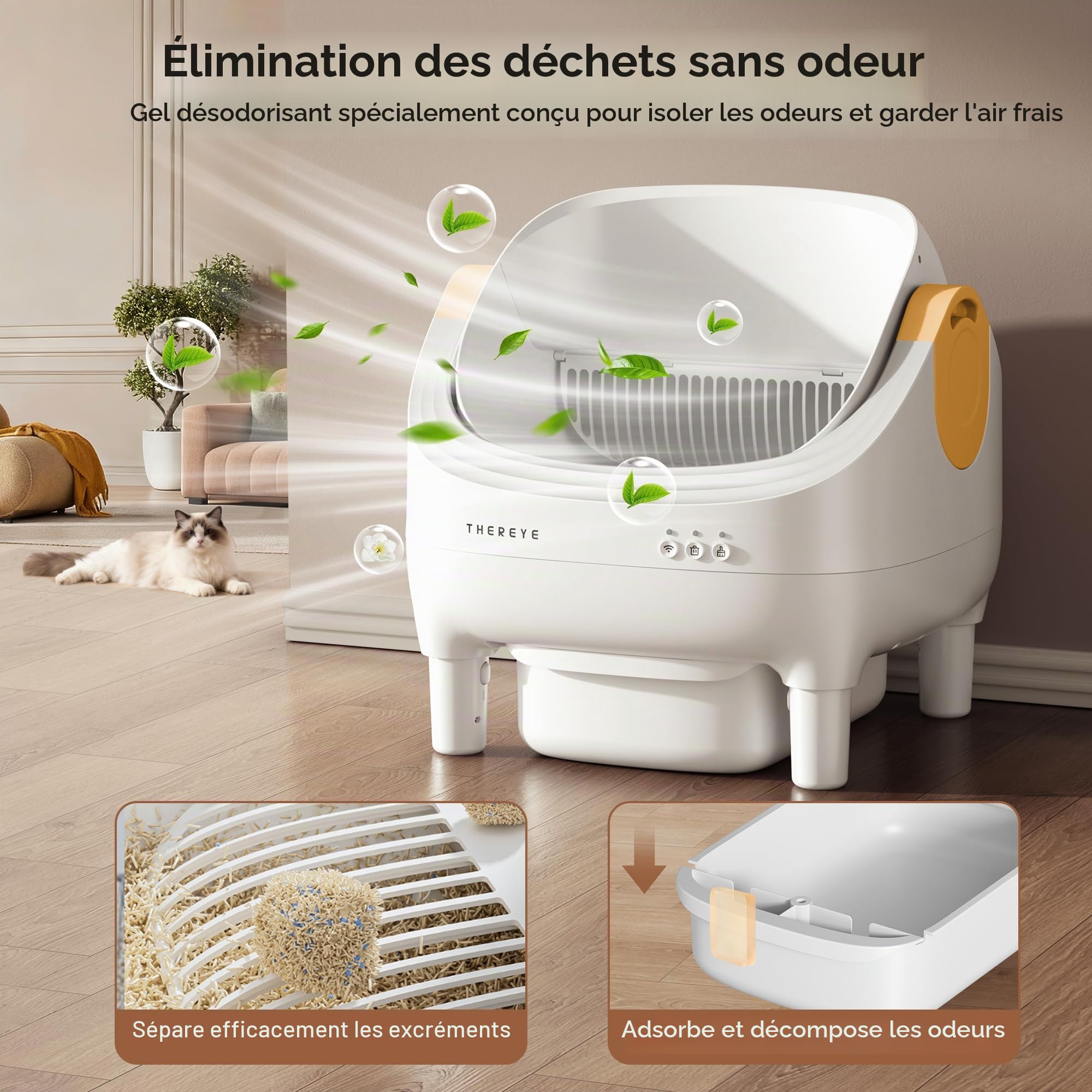 Thereye Litiere Autonettoyante App & Anti-Pincement | Litiere chat automatique capteurs securite, ouverture silencieuse, anti-odeur, compatible 1.5-12.5kg, triple anti-pincement.