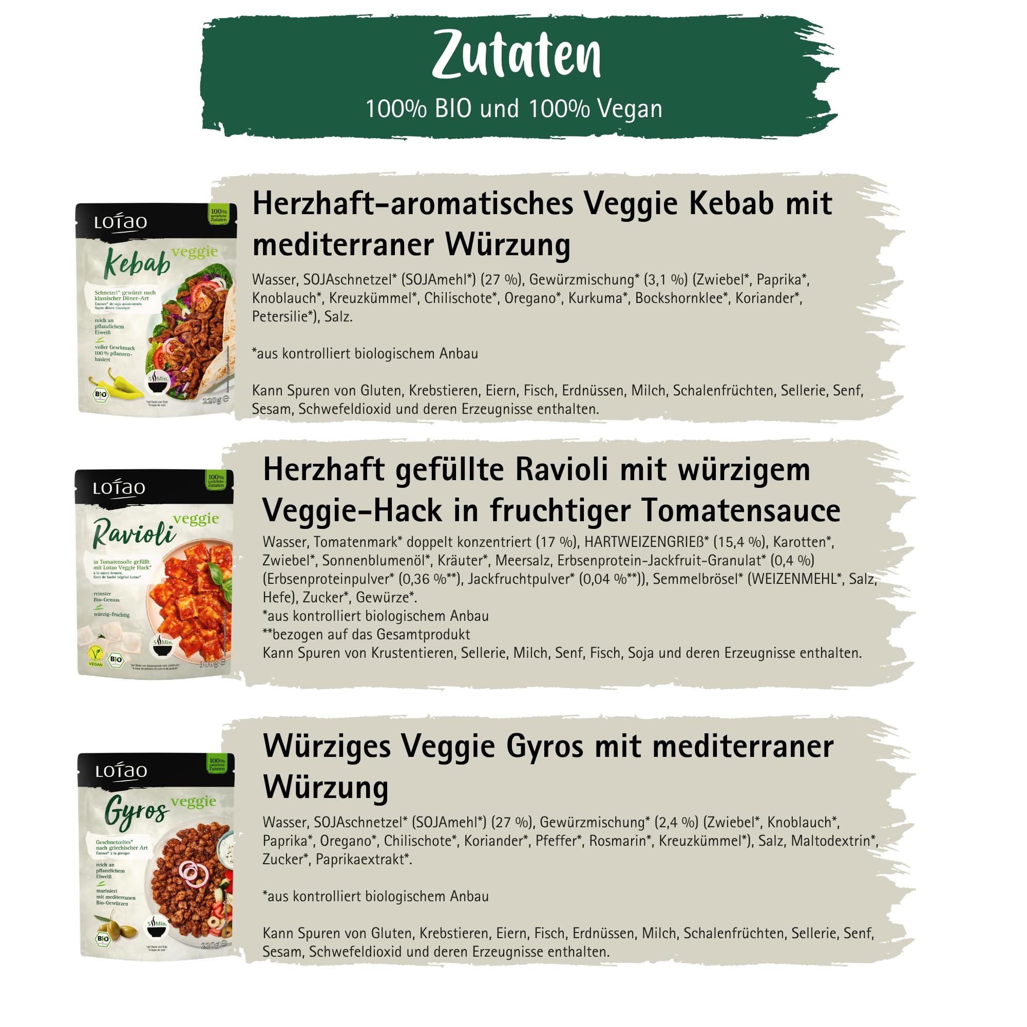Lotao Veggie Mix Bundle 9x | Bio & Vegan | Ravioli, Gyros & Kebab | Pflanzliche Fleischalternativen & Fertiggericht | Proteinreich, schnell zubereitet & vielseitig
