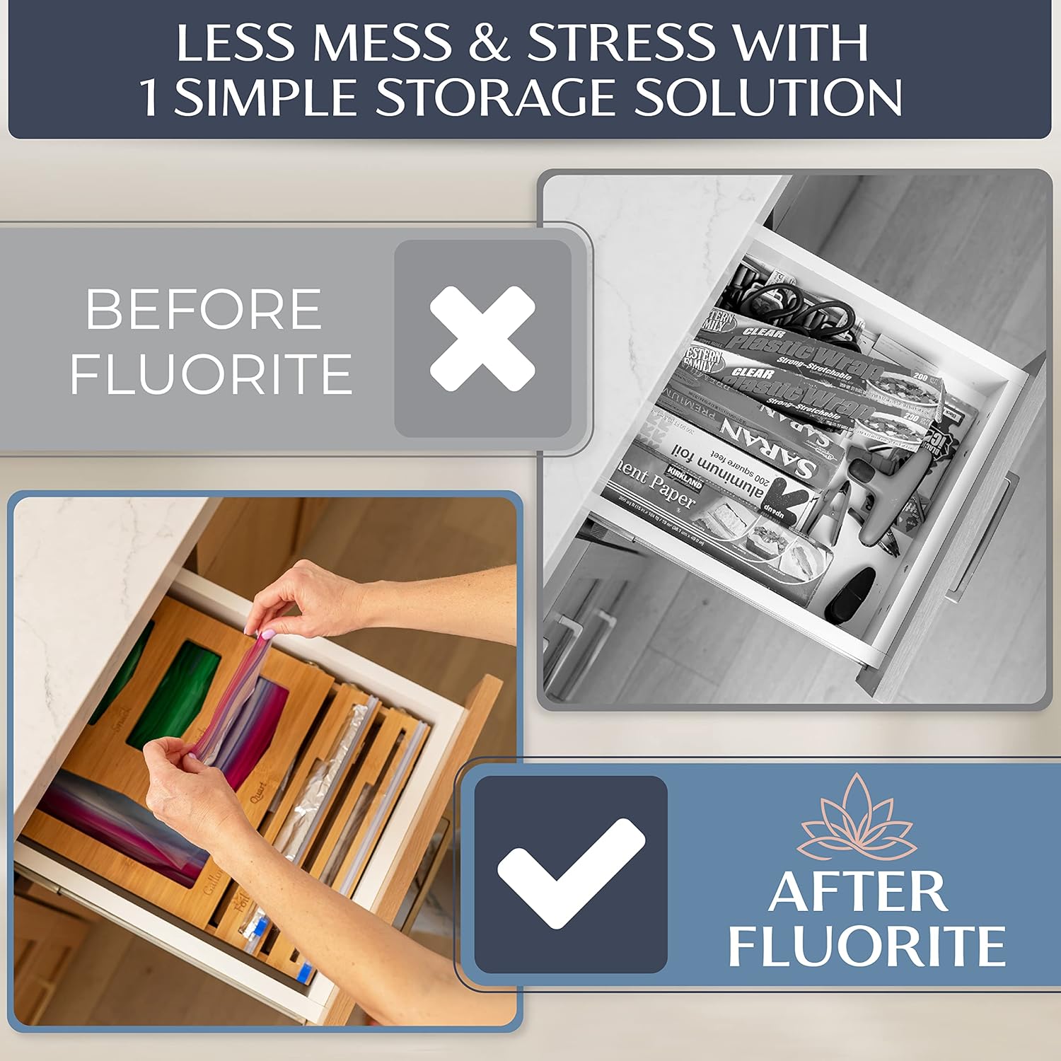 Fluorite Bamboo Kitchen Drawer Organizer for Foil and Plastic Wrap - Ziplock Bag Holder for Drawer - Bag Storage Organizer - Drawer Organizer for Ziplock Bags, Foil, and More