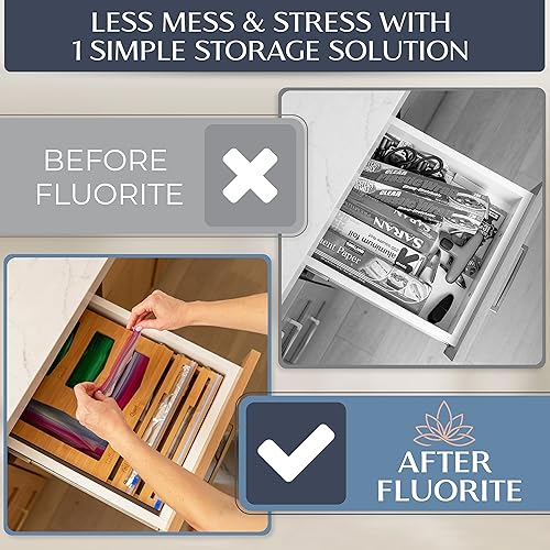 Miniatura 3 de Fluorite Organizador de cajones de cocina de bambú para papel de aluminio y plástico - Soporte de bolsa Ziplock para cajón - Organizador de